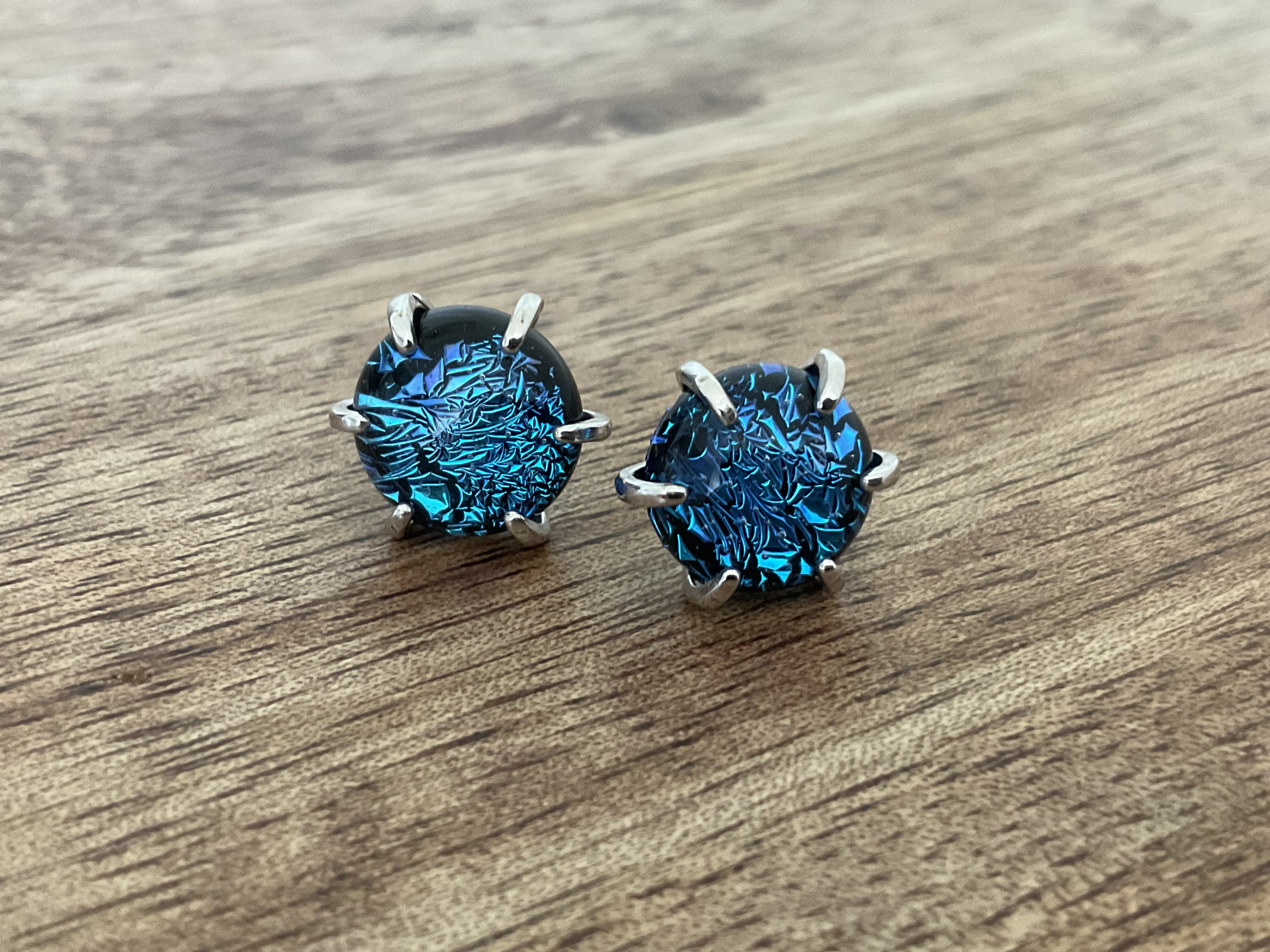 Blue Cracklized Dichroic Fused Glass Stud Earrings